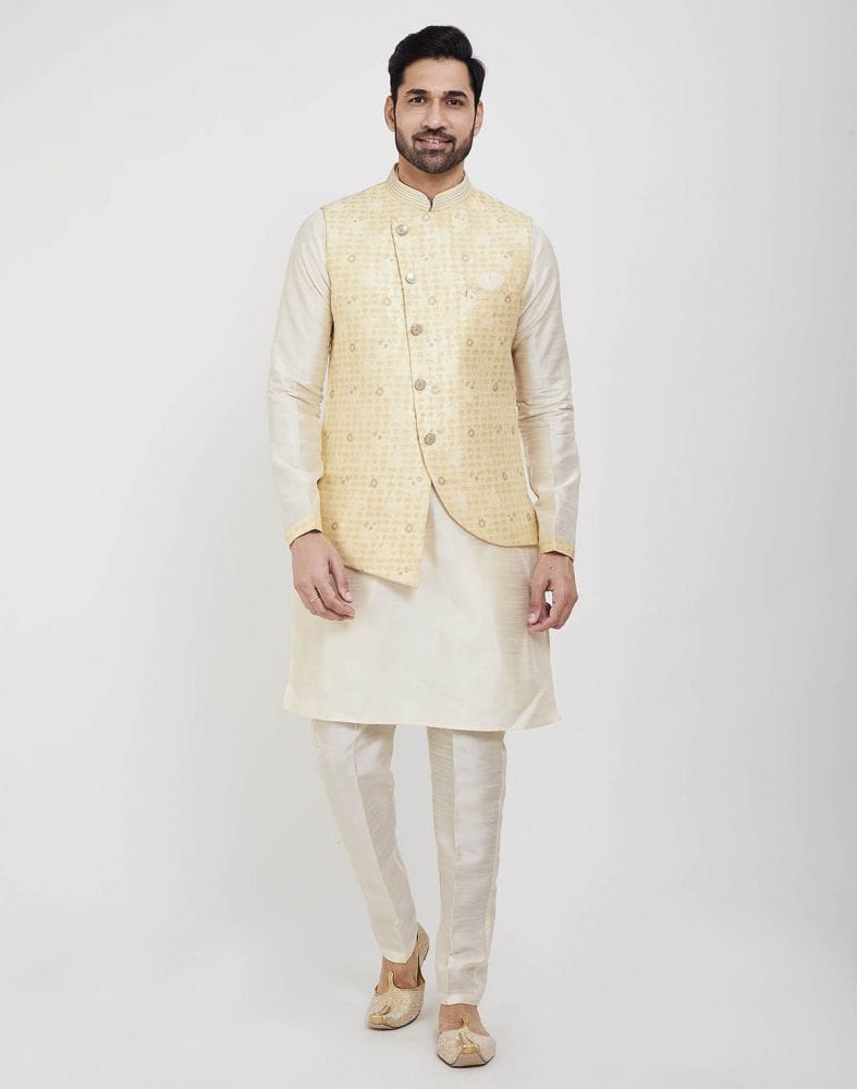 White Self Brocade Kurta Set