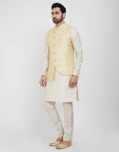 White Self Brocade Kurta Set