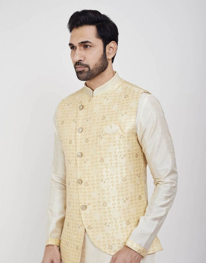 White Self Brocade Kurta Set