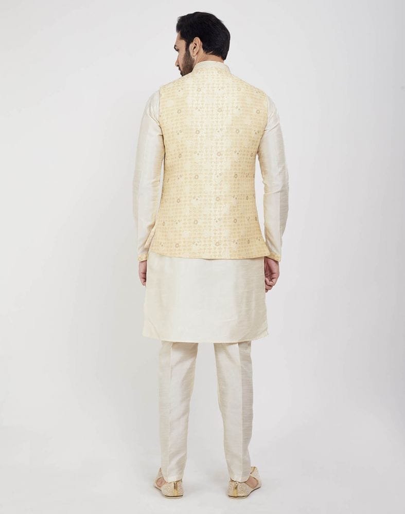 White Self Brocade Kurta Set