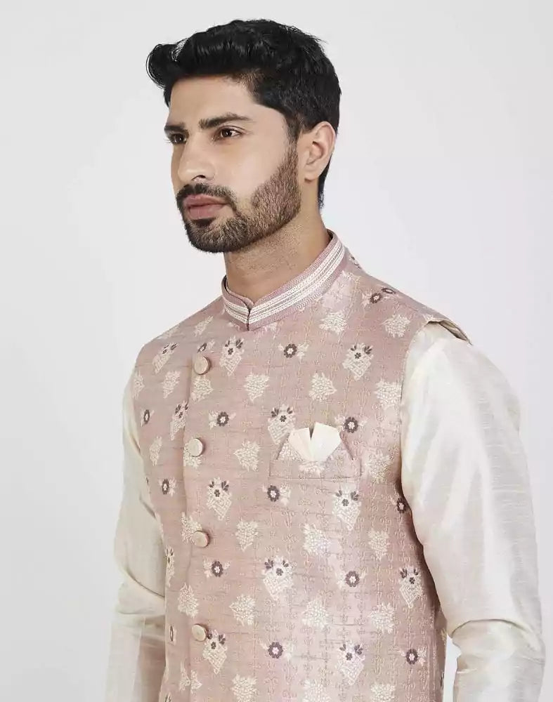 Pink Self Brocade Kurta Set