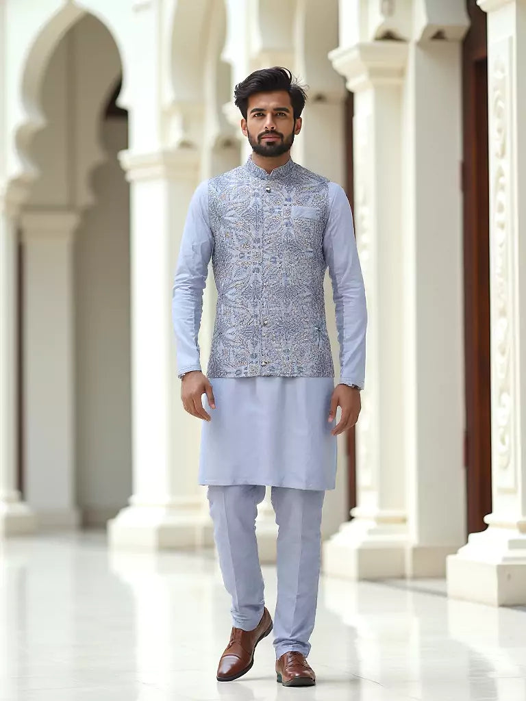 Grey Giza Cotton Thread Embroidery Kurta Jacket Set
