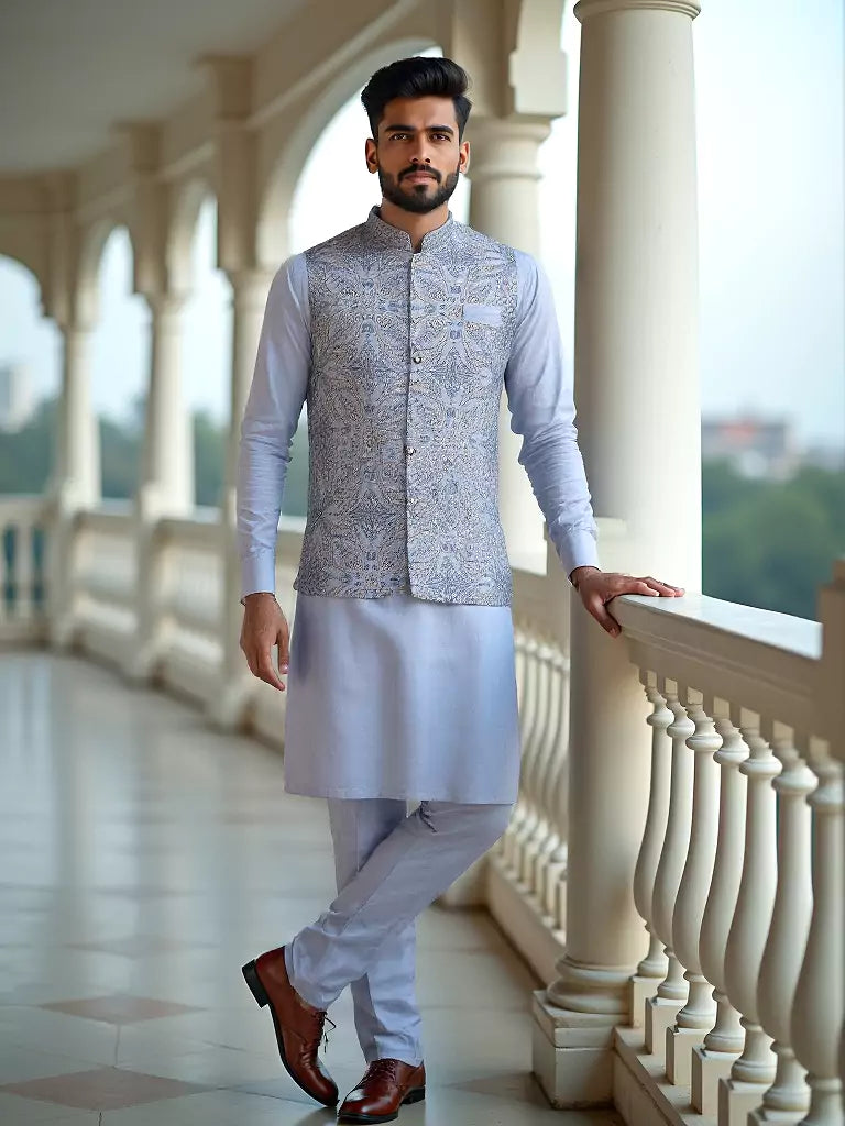 Grey Giza Cotton Thread Embroidery Kurta Jacket Set