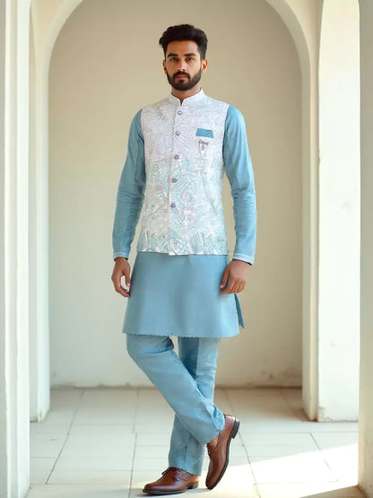 Milky Silk Fabric Floral Design Thread Work Light Blue Kurta Jacket