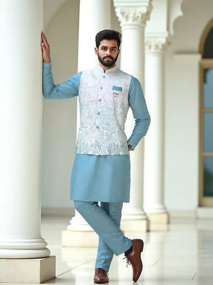 Milky Silk Fabric Floral Design Thread Work Light Blue Kurta Jacket