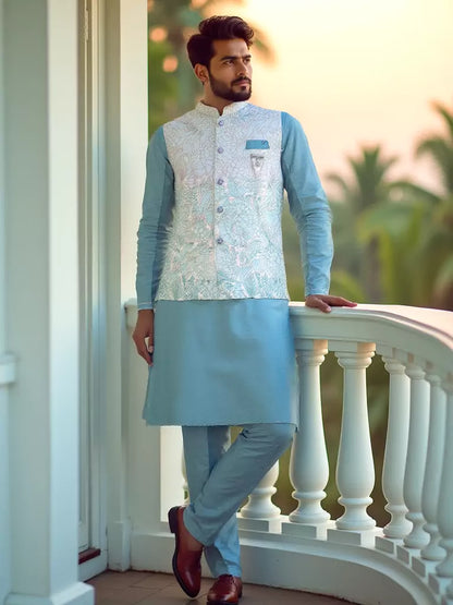 Milky Silk Fabric Floral Design Thread Work Light Blue Kurta Jacket