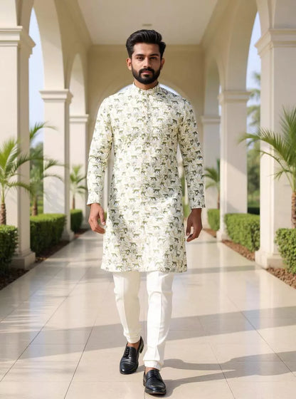 Cream Animal with Leafs Patterned Glaxo Cotton Kurta