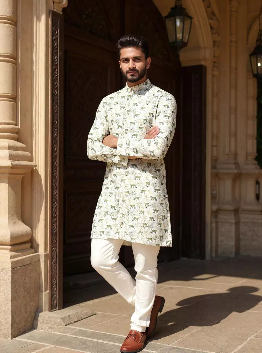 Cream Animal with Leafs Patterned Glaxo Cotton Kurta