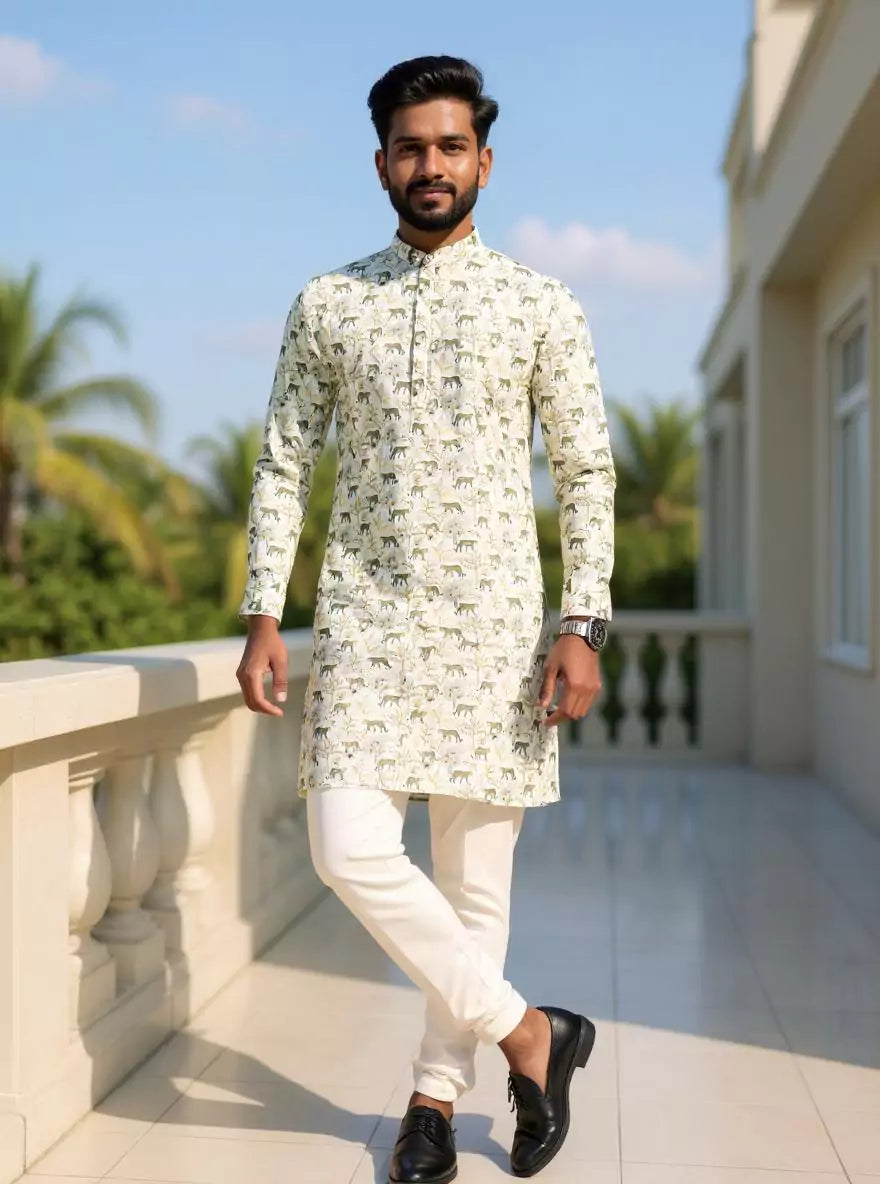 Cream Animal with Leafs Patterned Glaxo Cotton Kurta