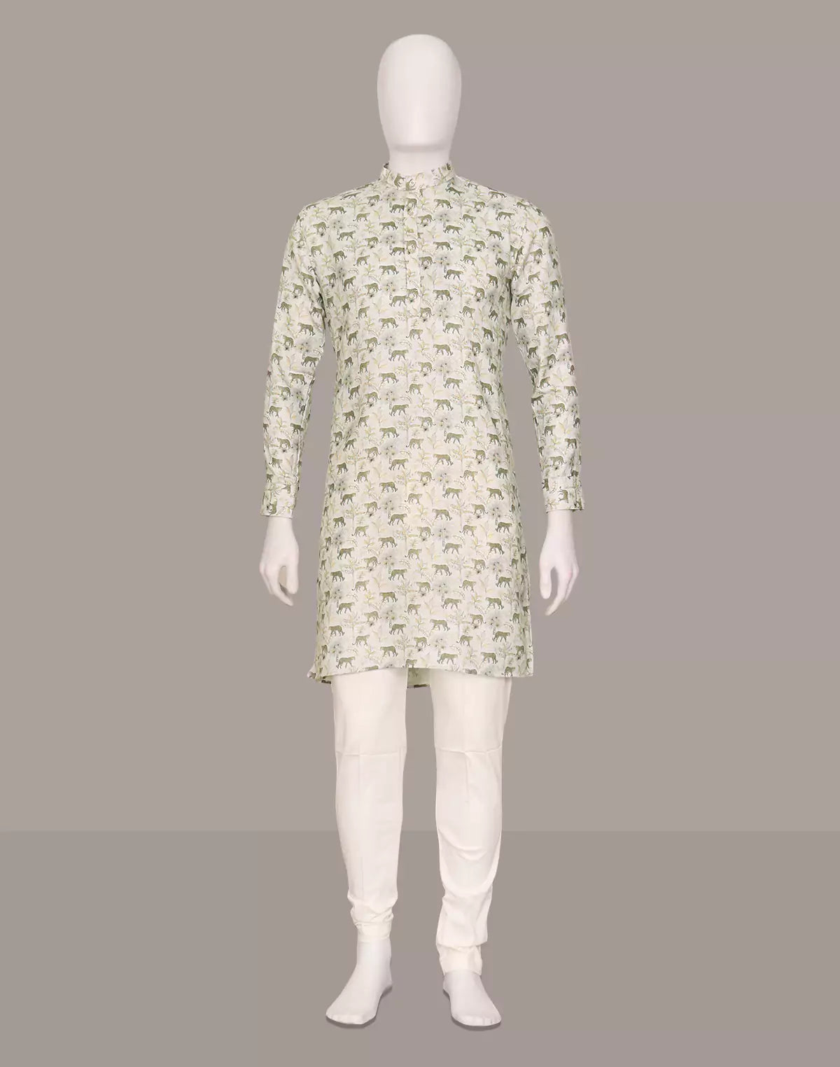 Cream Animal with Leafs Patterned Glaxo Cotton Kurta