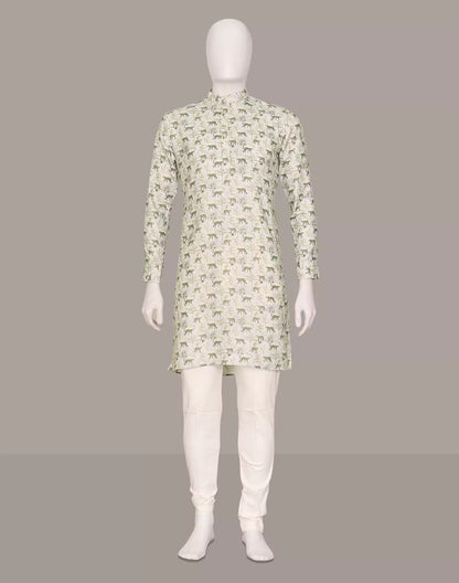 Cream Animal with Leafs Patterned Glaxo Cotton Kurta