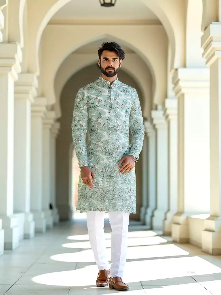 Dark Pista Elegance Birds Patterned Cotton Printed Kurta