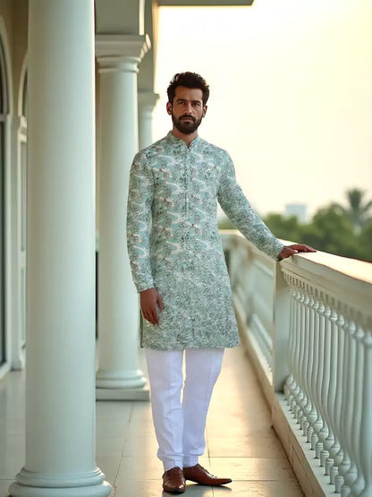 Dark Pista Elegance Birds Patterned Cotton Printed Kurta