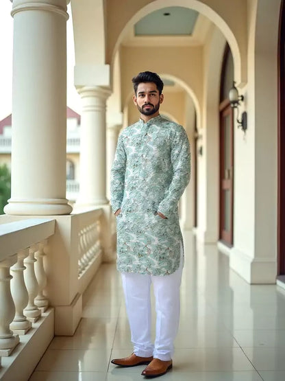 Dark Pista Elegance Birds Patterned Cotton Printed Kurta