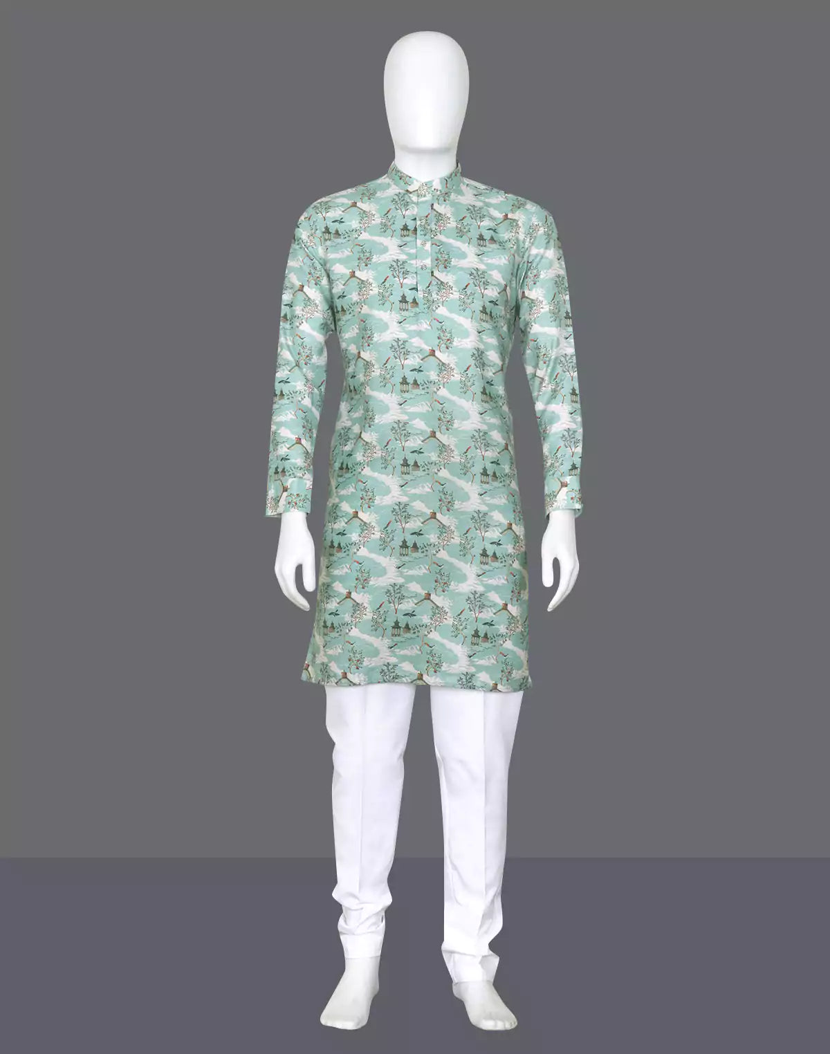 Dark Pista Elegance Birds Patterned Cotton Printed Kurta