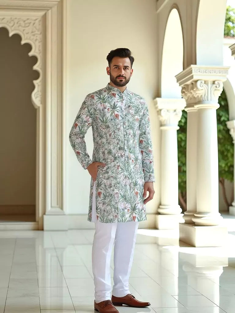 Green Botanical with Animal Printed Cotton Kurta