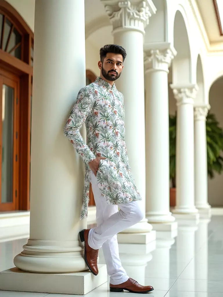Green Botanical with Animal Printed Cotton Kurta