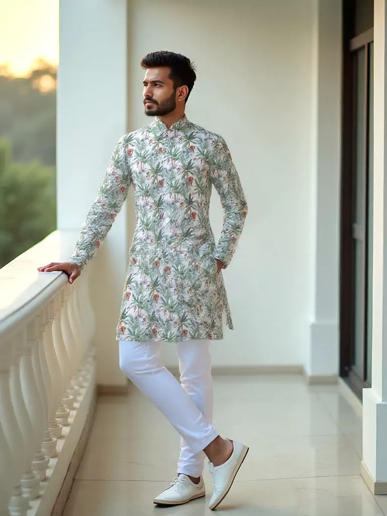 Green Botanical with Animal Printed Cotton Kurta