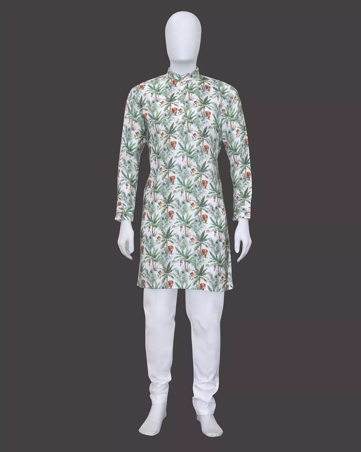 Green Botanical with Animal Printed Cotton Kurta