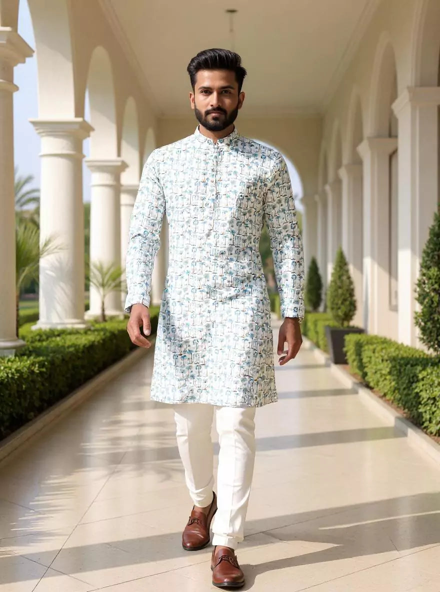 All Over Botanical Print Off White Glaxo Cotton Kurta