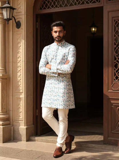 All Over Botanical Print Off White Glaxo Cotton Kurta