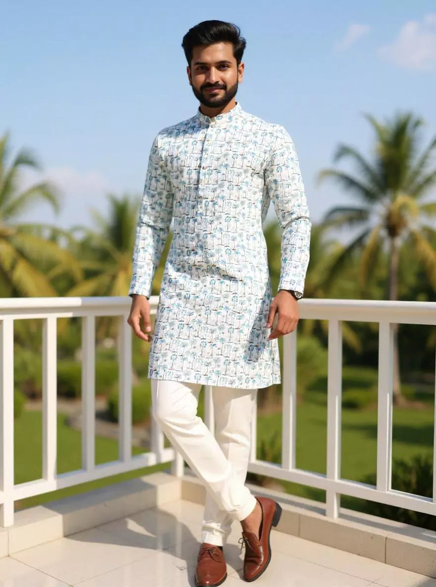 All Over Botanical Print Off White Glaxo Cotton Kurta