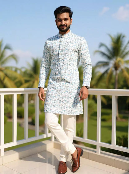 All Over Botanical Print Off White Glaxo Cotton Kurta
