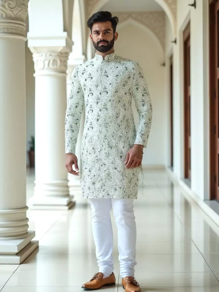 Elegant Pista Birds Patterned Cotton Printed Kurta