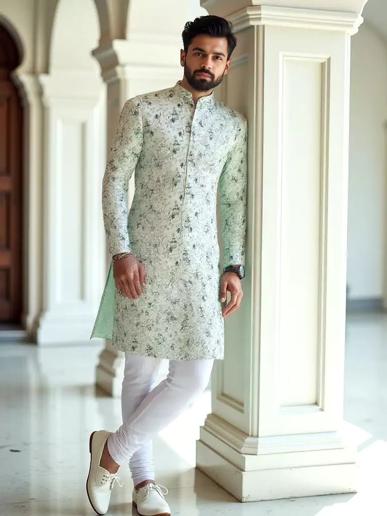 Elegant Pista Birds Patterned Cotton Printed Kurta