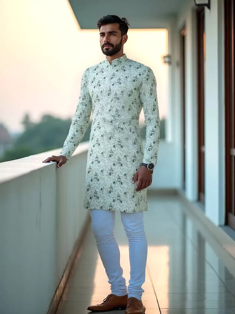 Elegant Pista Birds Patterned Cotton Printed Kurta