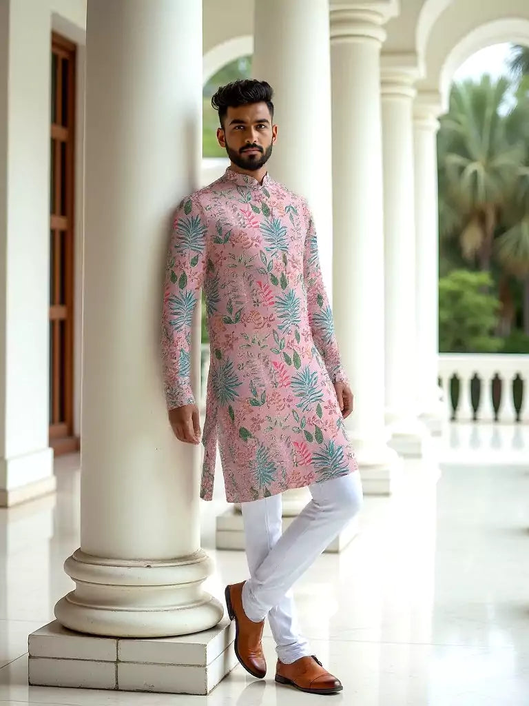 Light Pink Floral Print Soft Silk Kurta