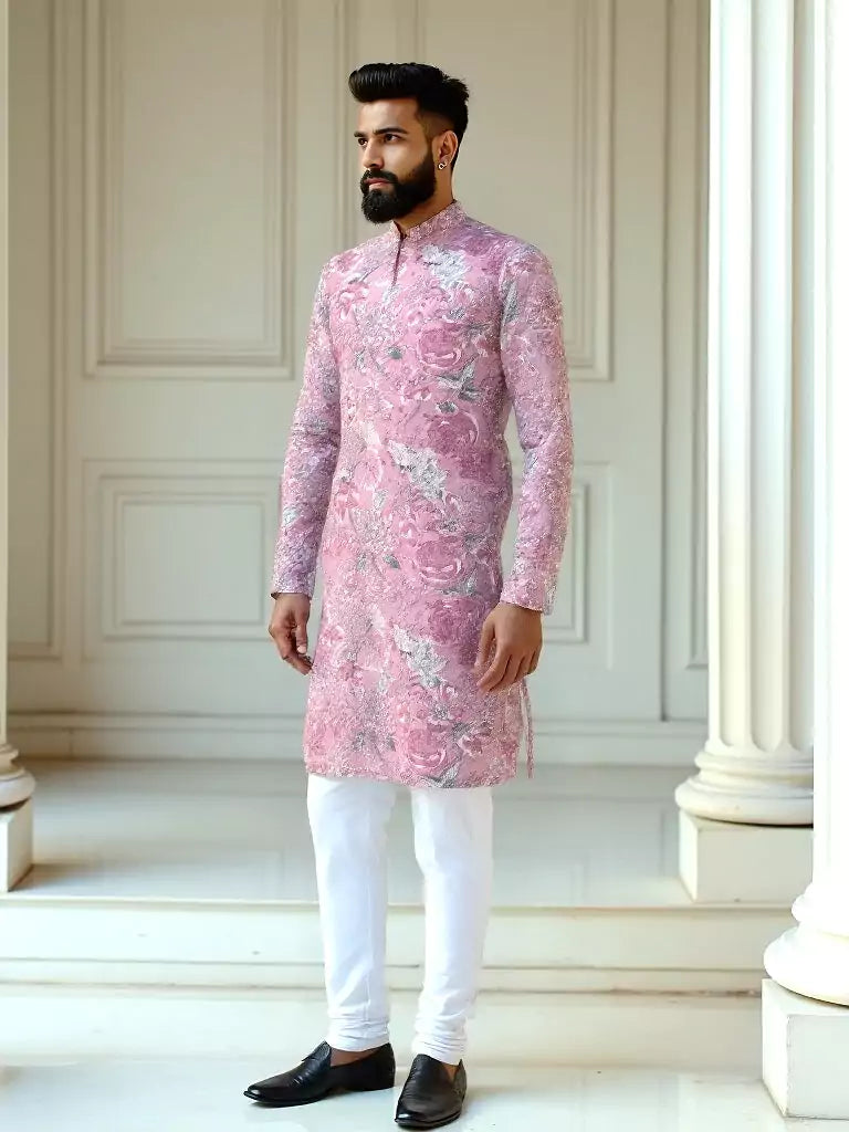 Pink Floral Print Cotton Silk Kurta