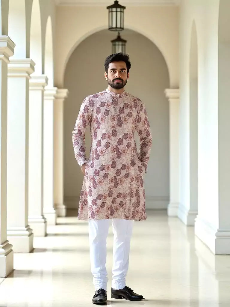 Light Pink Mica Print Floral Design Cotton Silk Kurta