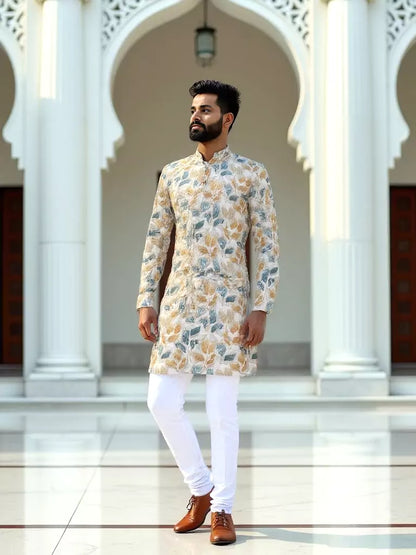 Green Floral Mica Print Cotton Silk Kurta