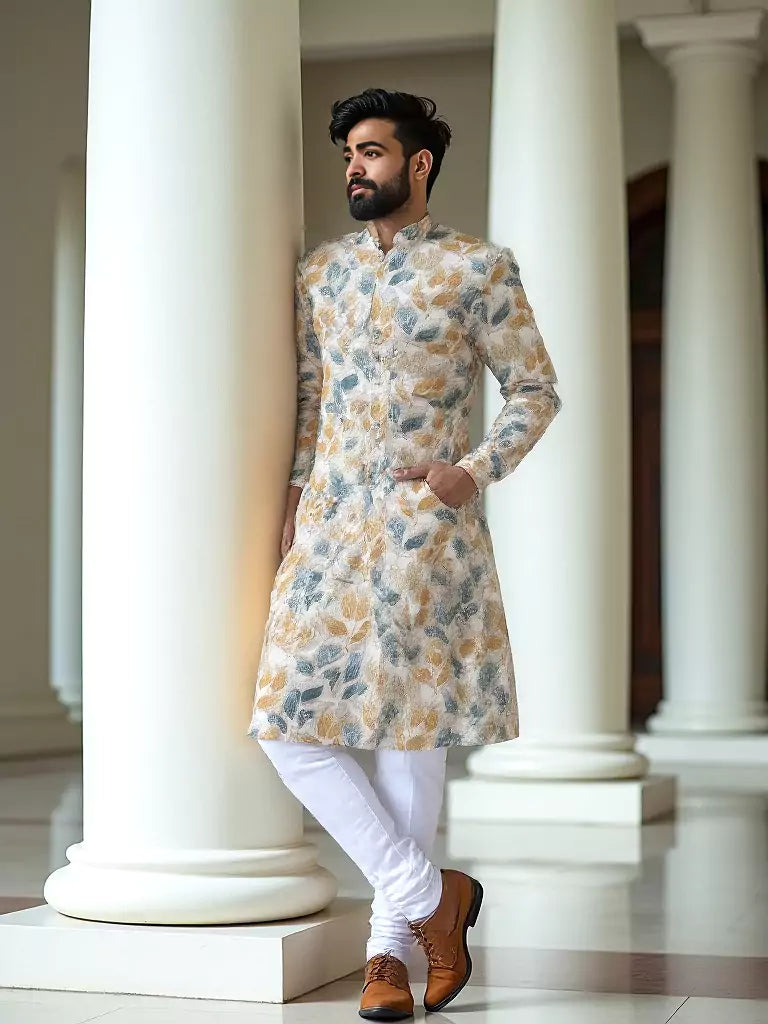 Green Floral Mica Print Cotton Silk Kurta