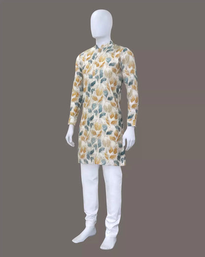 Green Floral Mica Print Cotton Silk Kurta