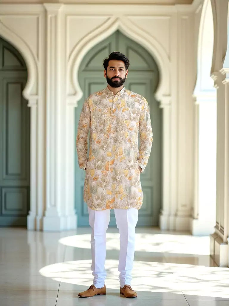 Sunshine Yellow Floral Cotton Silk Mica Print Kurta