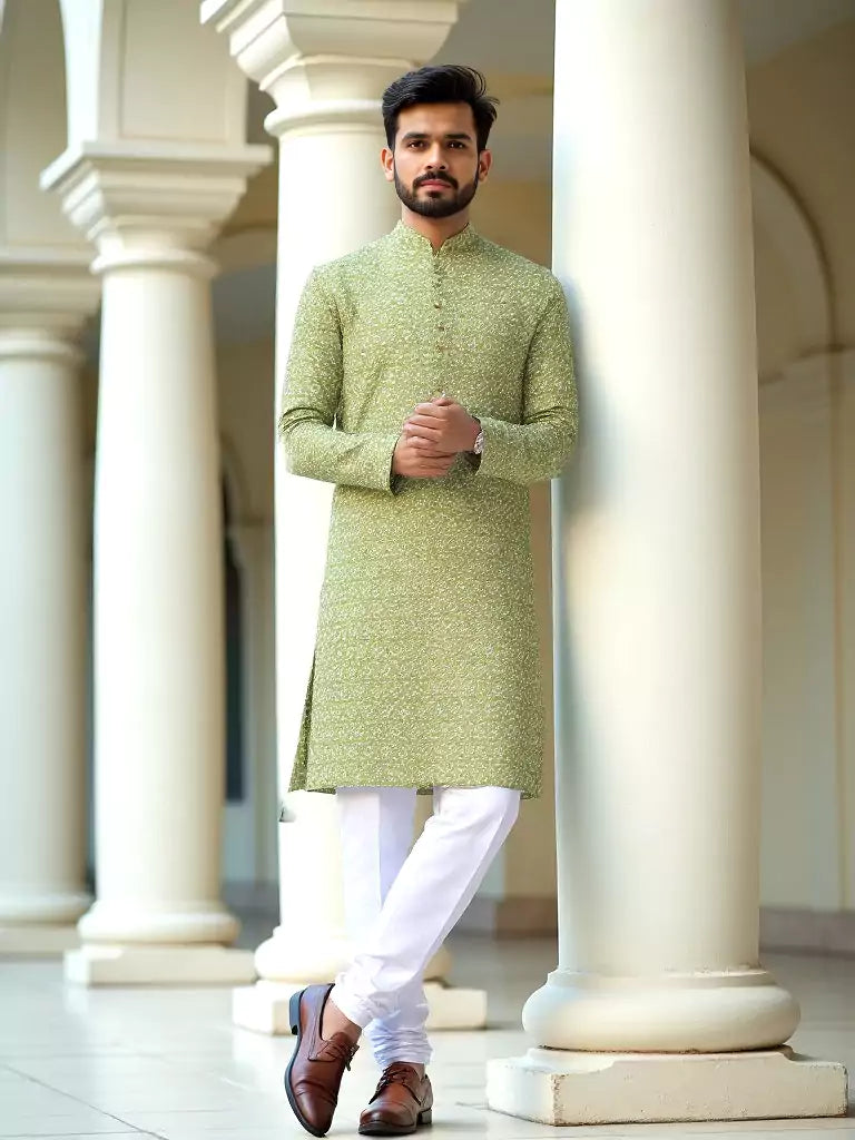 Light Sea Green Floral Printed Cotton Kurta