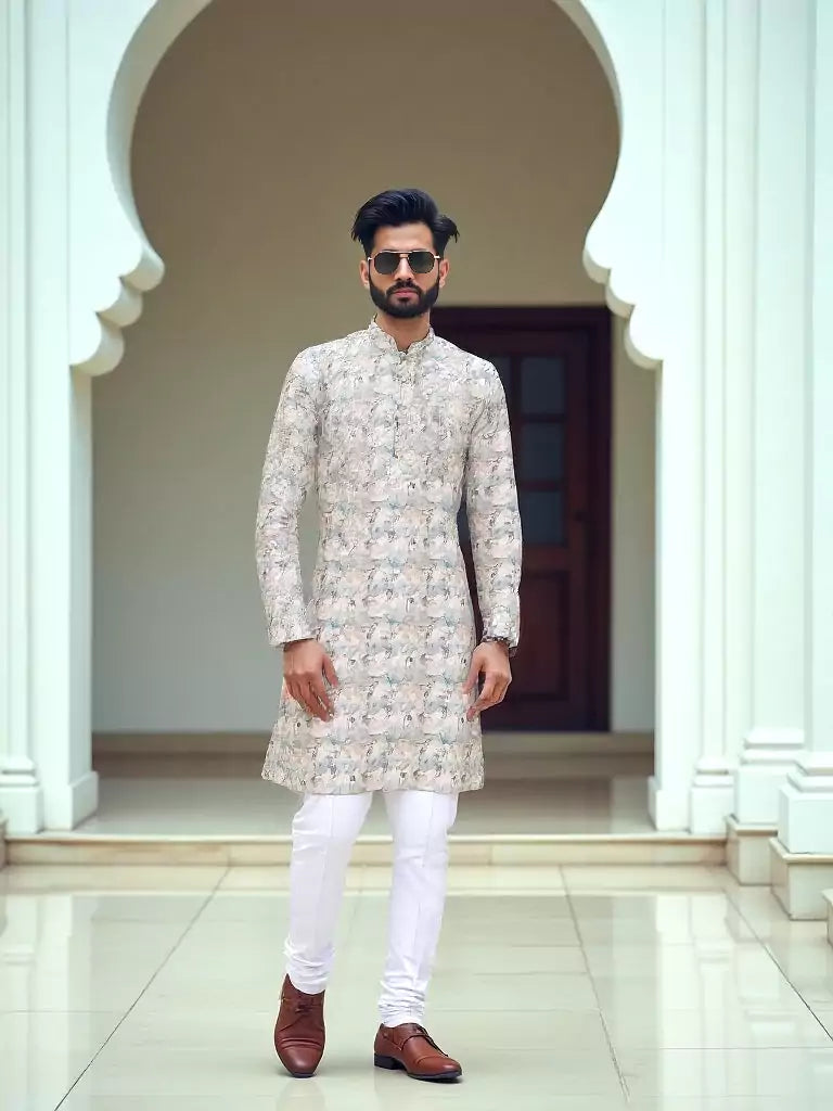 Natural Beige Graphic Design Cotton Kurta