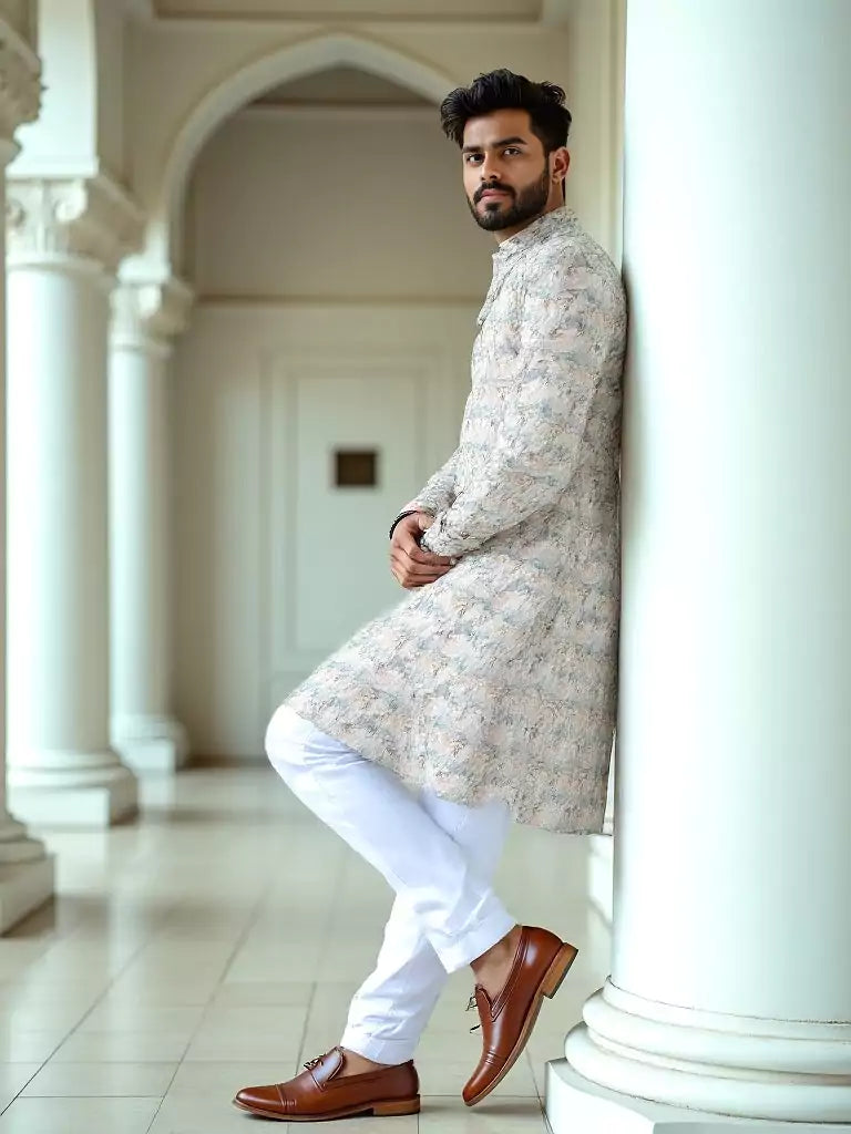 Natural Beige Graphic Design Cotton Kurta