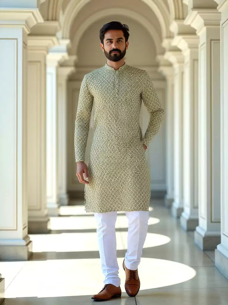 Decent Pista Coloured Floral Print Cotton Kurta