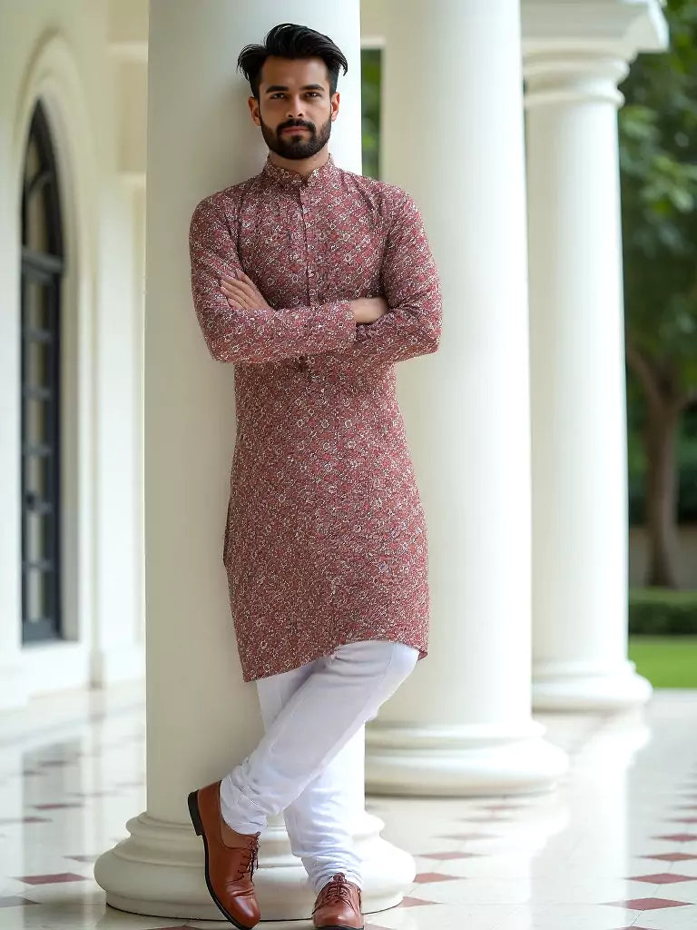 Rust Red Floral Printed Cotton Kurta