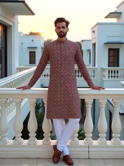 Rust Red Floral Printed Cotton Kurta