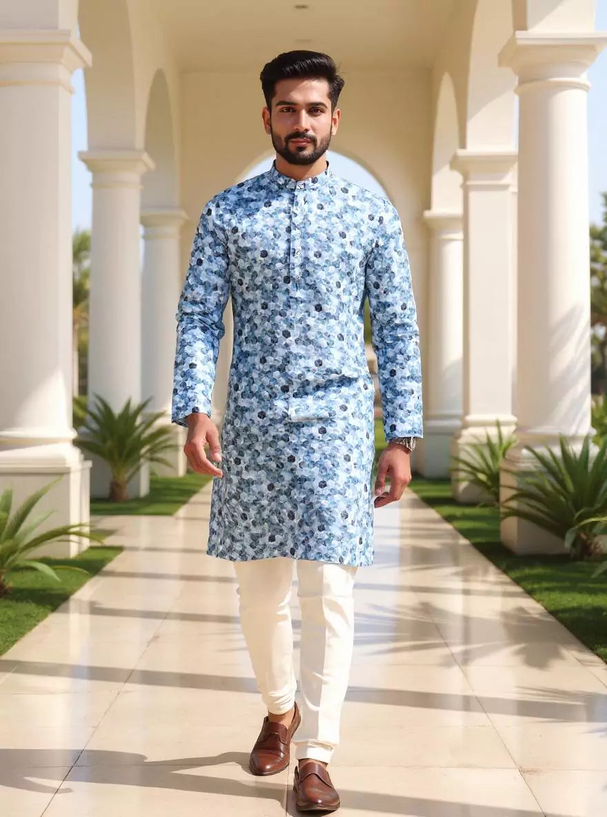Geometric Printed Cotton Kurta in Sky