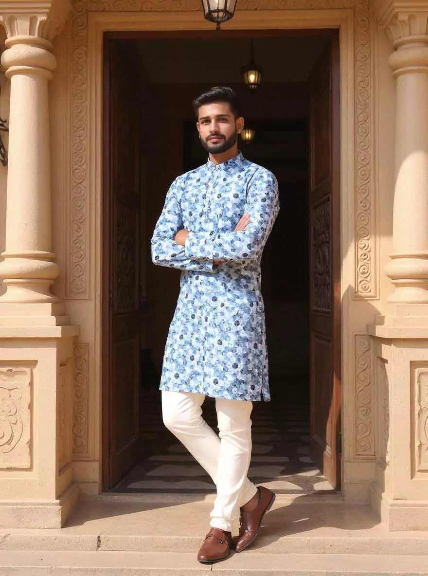 Geometric Printed Cotton Kurta in Sky