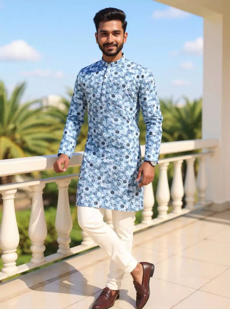 Geometric Printed Cotton Kurta in Sky