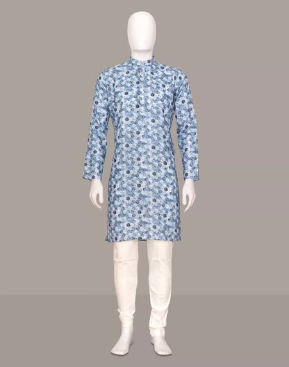 Geometric Printed Cotton Kurta in Sky