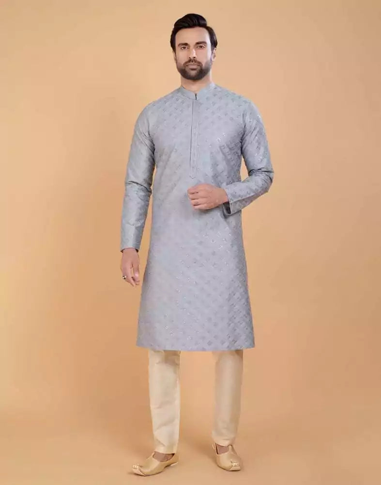 Grey Self Design Embellished work Jacquard Kurta Set