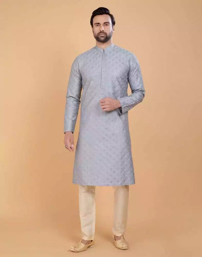 Grey Self Design Embellished work Jacquard Kurta Set