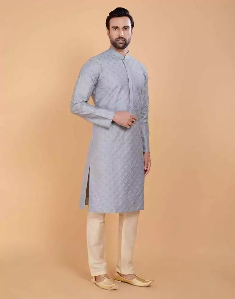 Grey Self Design Embellished work Jacquard Kurta Set